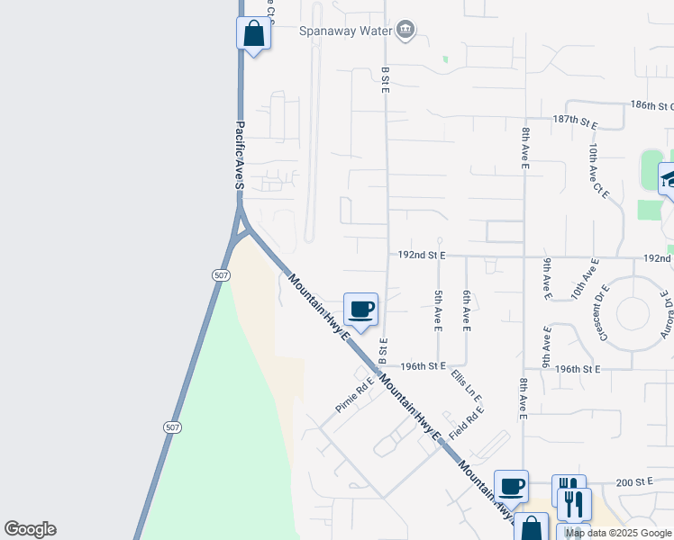 map of restaurants, bars, coffee shops, grocery stores, and more near 110 192nd Street Court East in Spanaway