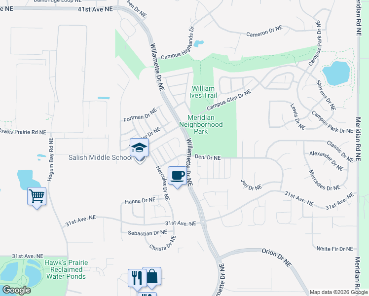 map of restaurants, bars, coffee shops, grocery stores, and more near 8726 Atlas Avenue Northeast in Lacey