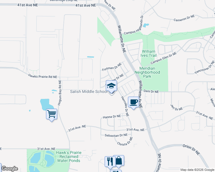 map of restaurants, bars, coffee shops, grocery stores, and more near 8531 Webster Drive Northeast in Lacey
