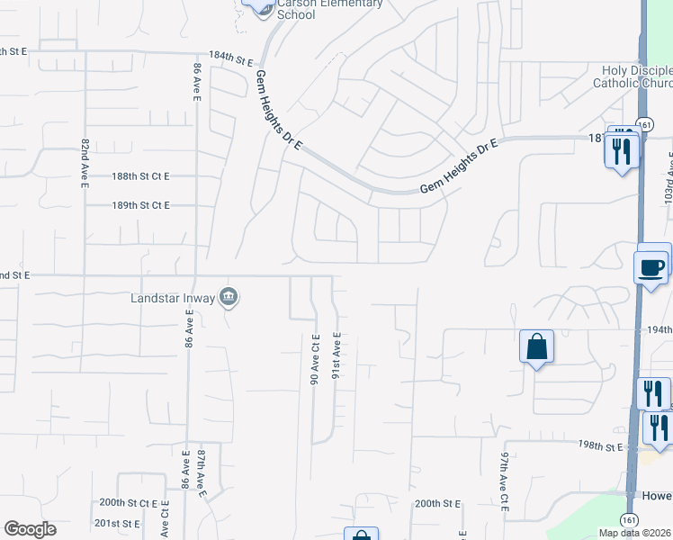 map of restaurants, bars, coffee shops, grocery stores, and more near 9102 191st Street East in Puyallup
