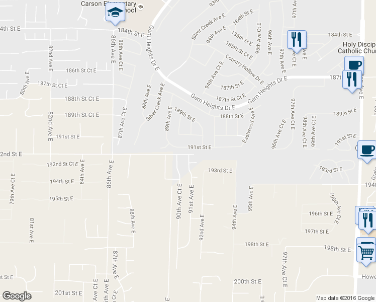 map of restaurants, bars, coffee shops, grocery stores, and more near 9018 191st Street East in Puyallup