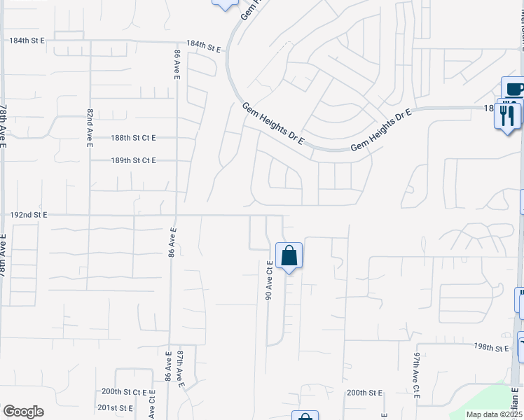 map of restaurants, bars, coffee shops, grocery stores, and more near 8922 191st Street East in Puyallup