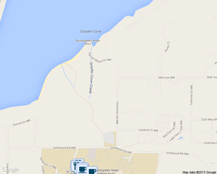 map of restaurants, bars, coffee shops, grocery stores, and more near 3511 Overhulse Road Northwest in Olympia