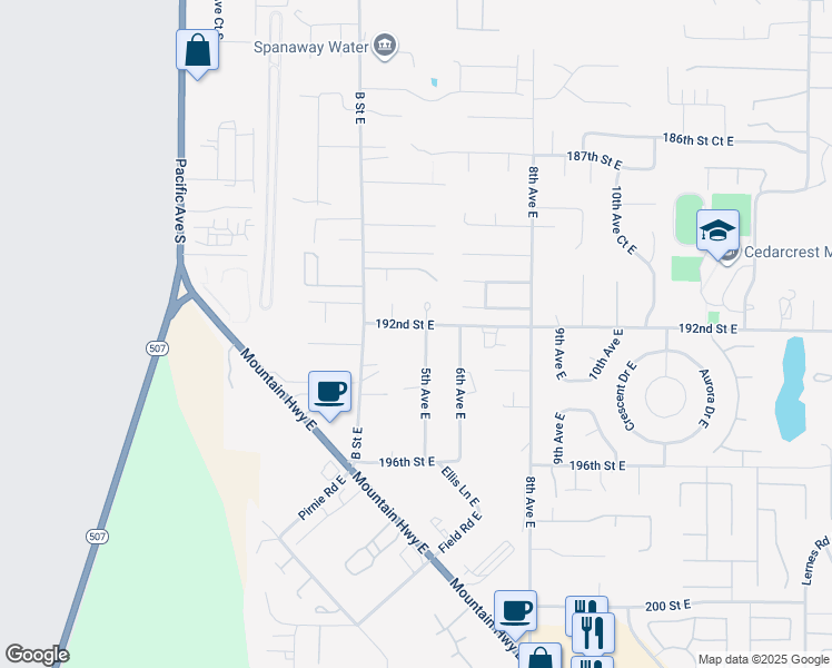 map of restaurants, bars, coffee shops, grocery stores, and more near 19206 5th Avenue East in Spanaway