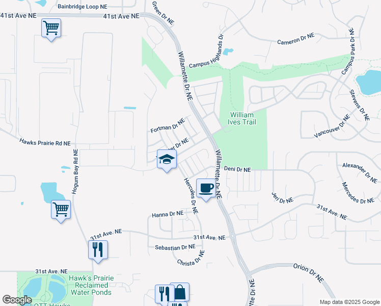 map of restaurants, bars, coffee shops, grocery stores, and more near 3446 Hera Street Northeast in Lacey