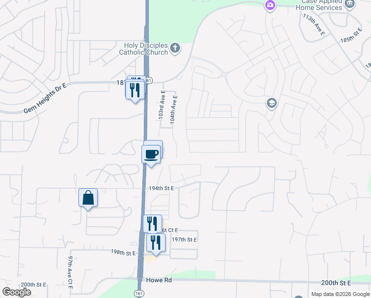 map of restaurants, bars, coffee shops, grocery stores, and more near 19118 105th Avenue East in Puyallup