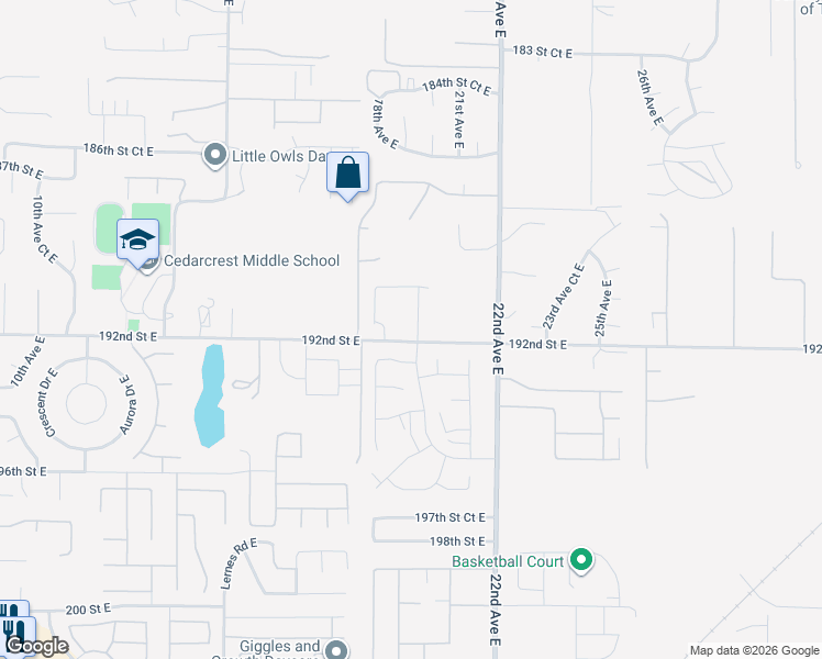 map of restaurants, bars, coffee shops, grocery stores, and more near 19208 20th Avenue Court East in Spanaway