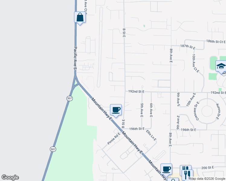 map of restaurants, bars, coffee shops, grocery stores, and more near 110 192nd Street Court East in Spanaway