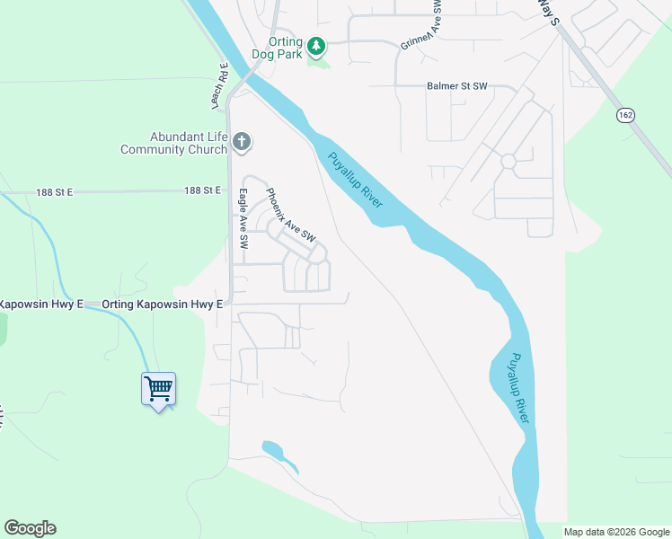map of restaurants, bars, coffee shops, grocery stores, and more near 1202 Goldfinch Avenue Southwest in Orting