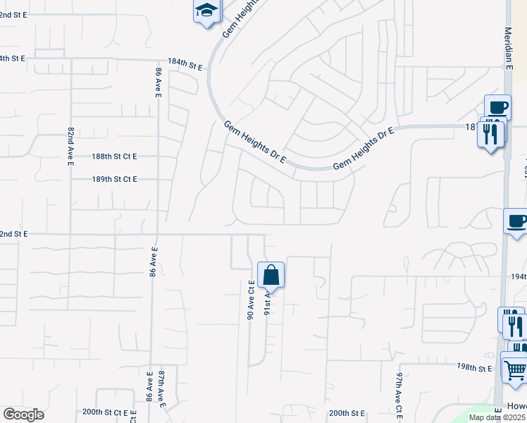 map of restaurants, bars, coffee shops, grocery stores, and more near 9024 190th Street East in Puyallup