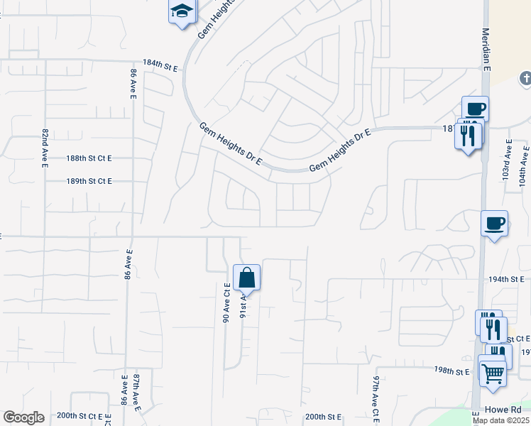 map of restaurants, bars, coffee shops, grocery stores, and more near 19003 91st Avenue Court East in Puyallup