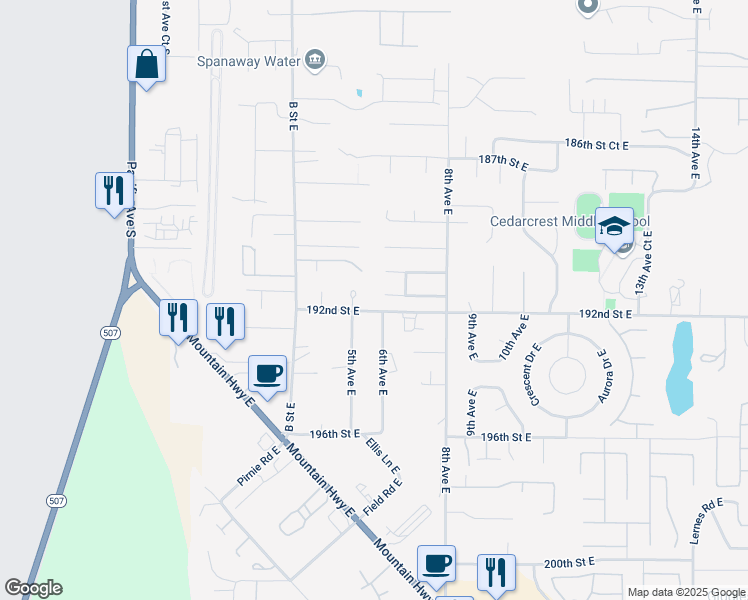 map of restaurants, bars, coffee shops, grocery stores, and more near 522 190th Street Court East in Spanaway