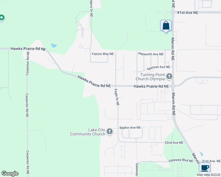 map of restaurants, bars, coffee shops, grocery stores, and more near 6904 Hawks Prairie Road Northeast in Olympia