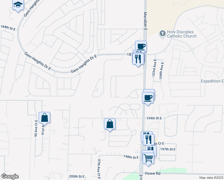map of restaurants, bars, coffee shops, grocery stores, and more near 18908 99th Avenue Court East in Puyallup
