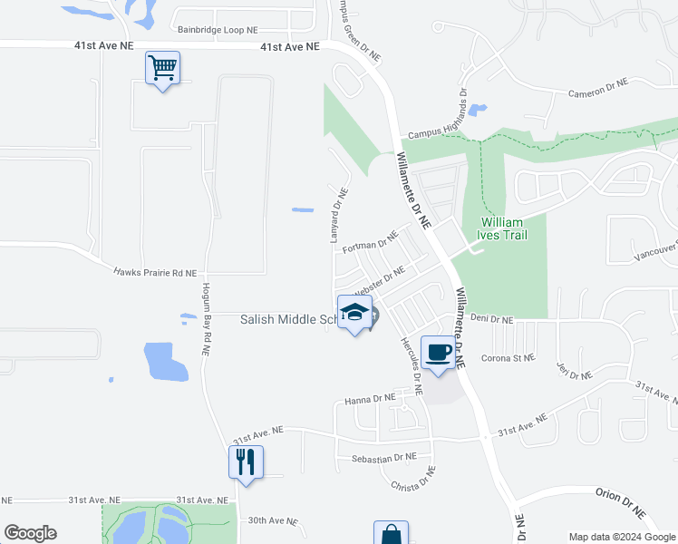 map of restaurants, bars, coffee shops, grocery stores, and more near 8532 Capstan Drive Northeast in Lacey