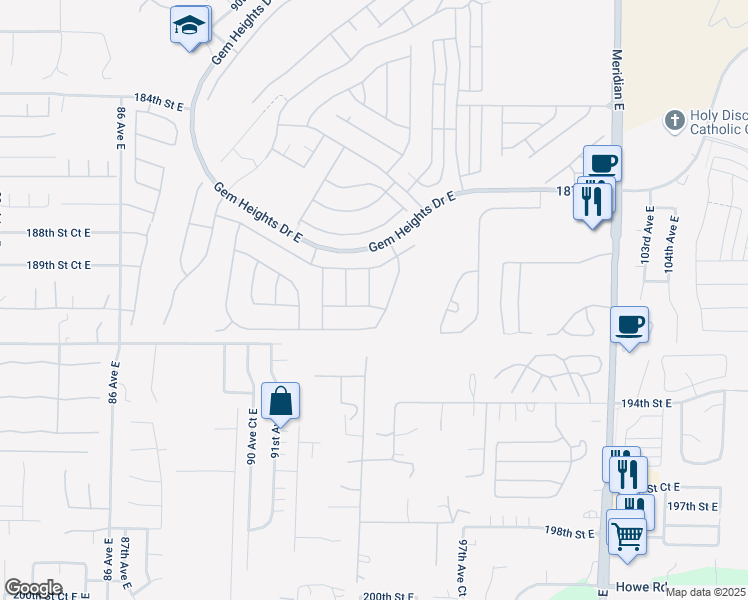 map of restaurants, bars, coffee shops, grocery stores, and more near 9409 190th Street East in Puyallup