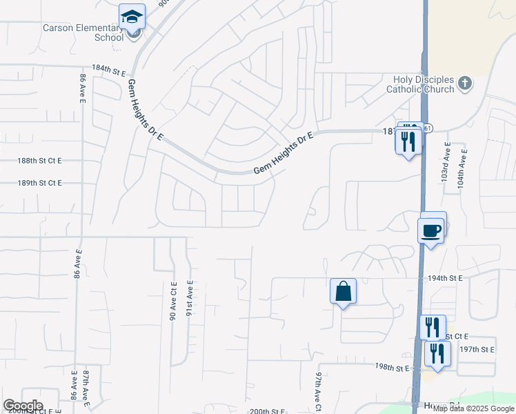 map of restaurants, bars, coffee shops, grocery stores, and more near 9409 190th Street East in Puyallup