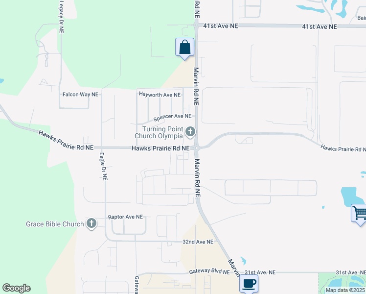 map of restaurants, bars, coffee shops, grocery stores, and more near 3525 Marvin Road Northeast in Lacey