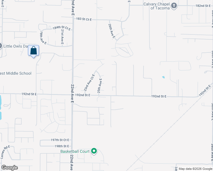 map of restaurants, bars, coffee shops, grocery stores, and more near 2521 190th Street Court East in Tacoma