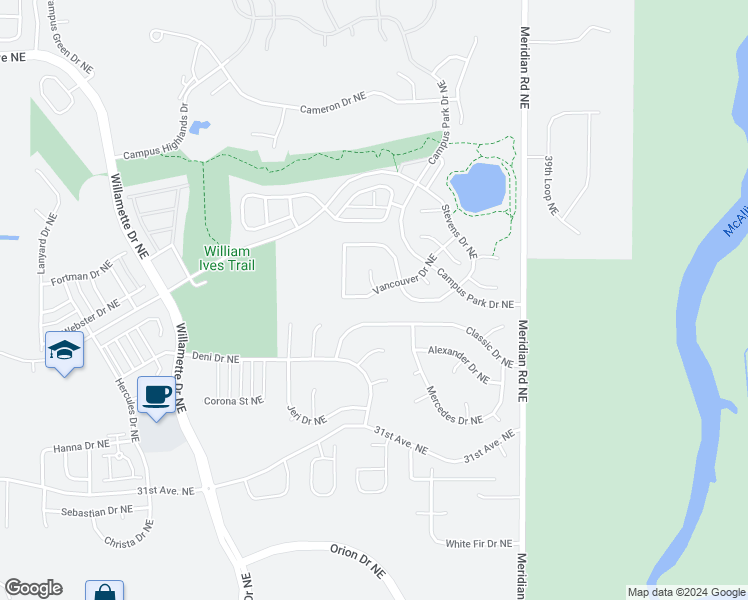 map of restaurants, bars, coffee shops, grocery stores, and more near 9117 Vancouver Drive Northeast in Lacey