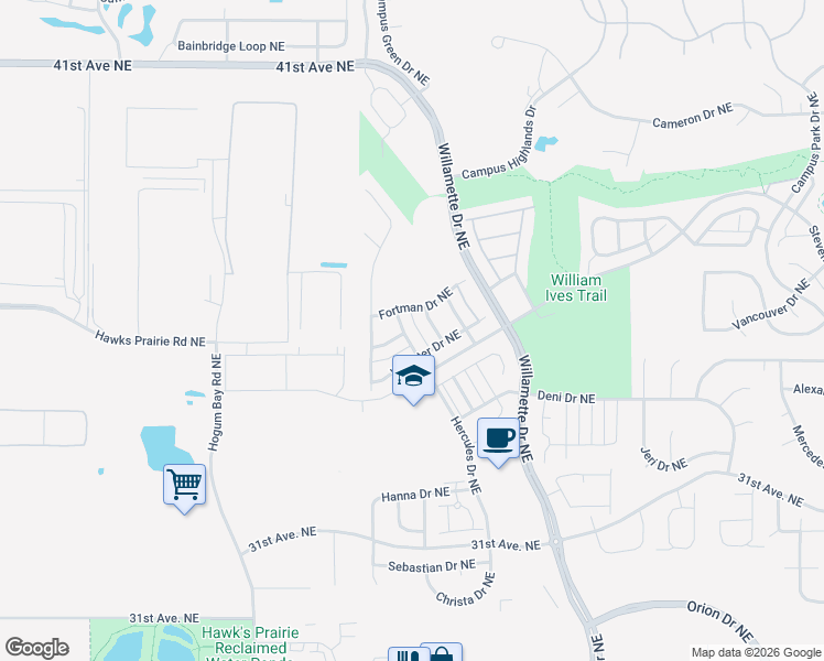 map of restaurants, bars, coffee shops, grocery stores, and more near 3508 Preston Street Northeast in Lacey