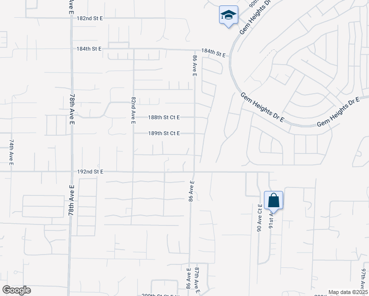 map of restaurants, bars, coffee shops, grocery stores, and more near 8509 191st Street East in Puyallup