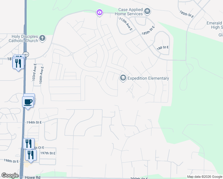 map of restaurants, bars, coffee shops, grocery stores, and more near 19203 112th Avenue East in Graham