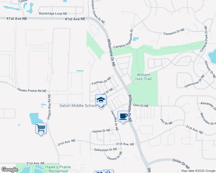 map of restaurants, bars, coffee shops, grocery stores, and more near 3510 Keegan Street Northeast in Lacey