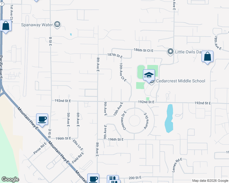 map of restaurants, bars, coffee shops, grocery stores, and more near 19021 9th Avenue Court East in Spanaway