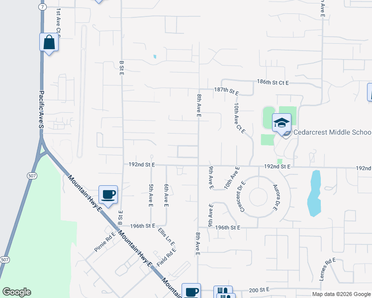 map of restaurants, bars, coffee shops, grocery stores, and more near 704 190th St Ct E in Spanaway