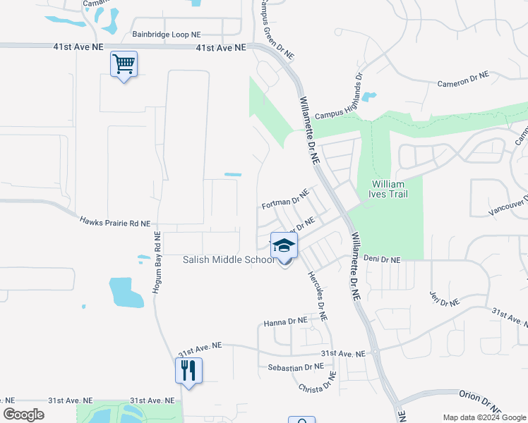 map of restaurants, bars, coffee shops, grocery stores, and more near 8543 Fortman Drive Northeast in Lacey