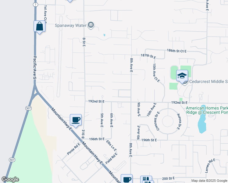 map of restaurants, bars, coffee shops, grocery stores, and more near 522 190th St Ct E in Spanaway