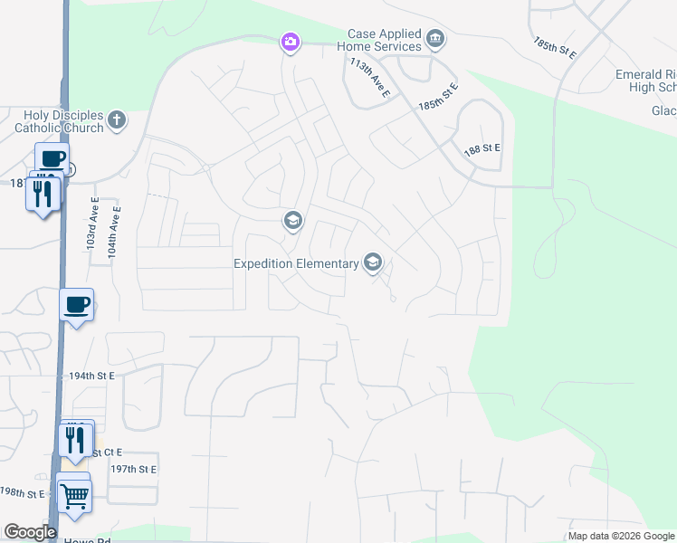 map of restaurants, bars, coffee shops, grocery stores, and more near 19203 112th Avenue East in Graham