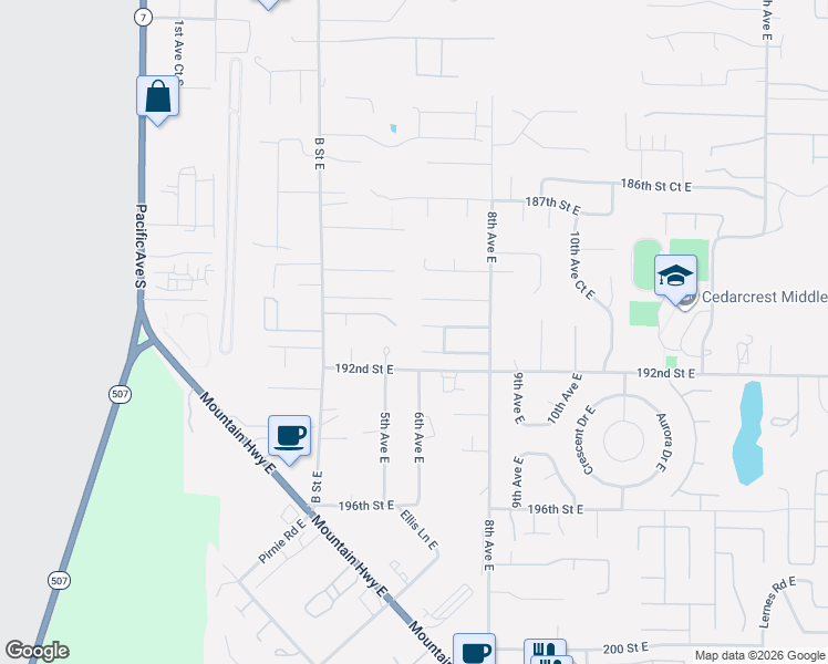 map of restaurants, bars, coffee shops, grocery stores, and more near 518 190th Street Court East in Spanaway