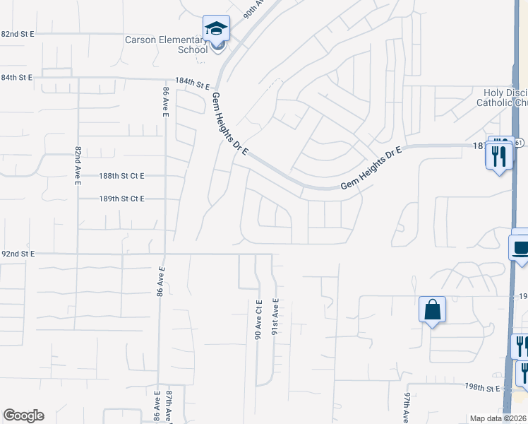 map of restaurants, bars, coffee shops, grocery stores, and more near 18919 90th Avenue East in Puyallup