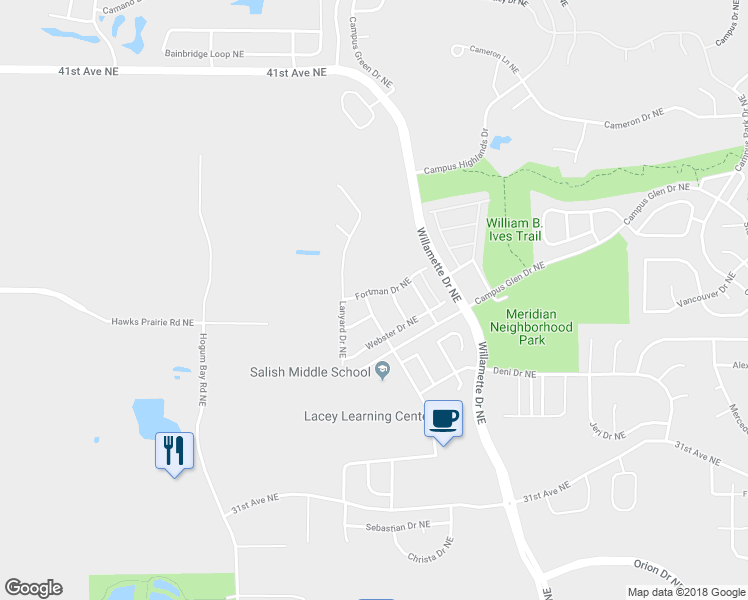 map of restaurants, bars, coffee shops, grocery stores, and more near 3517 Keegan Street Northeast in Lacey