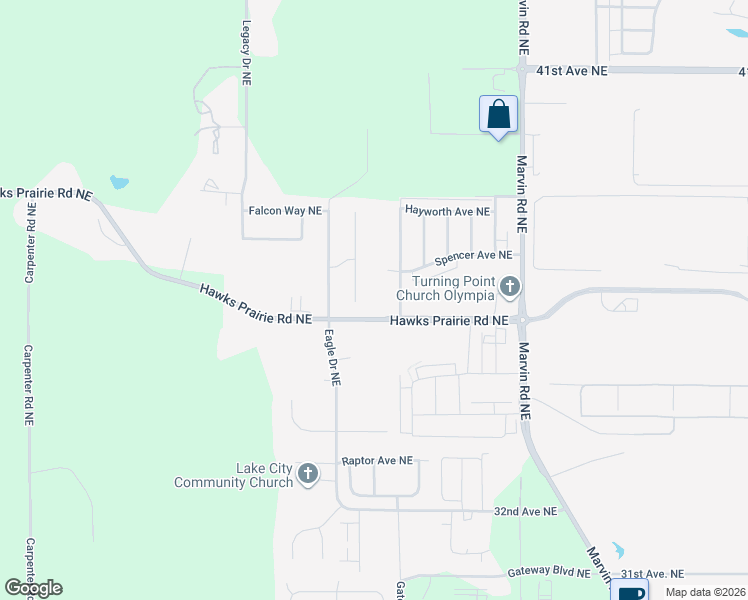 map of restaurants, bars, coffee shops, grocery stores, and more near 7100 Hawks Prairie Road Northeast in Olympia