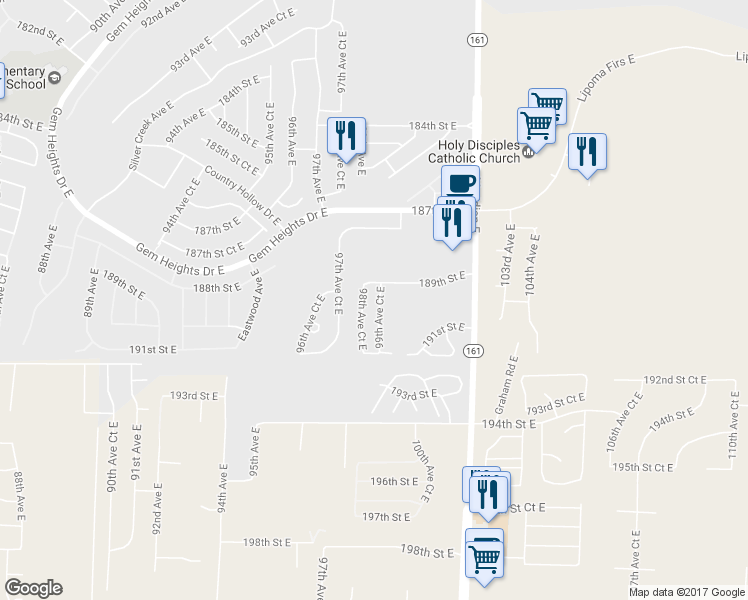 map of restaurants, bars, coffee shops, grocery stores, and more near 18908 99th Avenue Court East in Puyallup