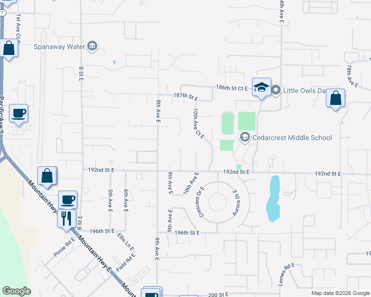 map of restaurants, bars, coffee shops, grocery stores, and more near 19021 9th Avenue Court East in Spanaway