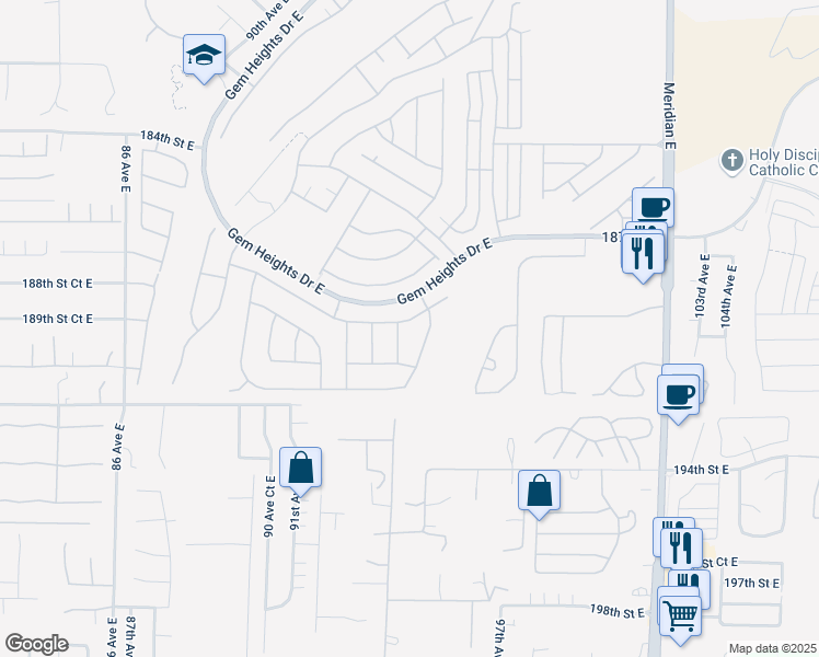 map of restaurants, bars, coffee shops, grocery stores, and more near 9408 188th Street East in Puyallup