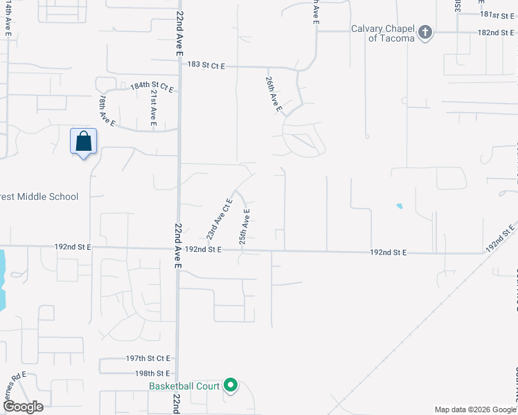 map of restaurants, bars, coffee shops, grocery stores, and more near 2521 190th Street Court East in Tacoma