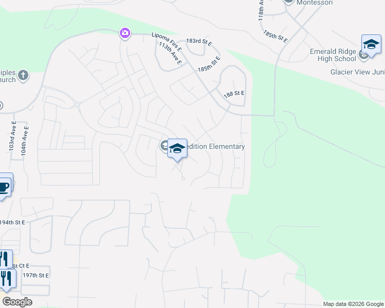 map of restaurants, bars, coffee shops, grocery stores, and more near 19008 110th Avenue Court East in Puyallup