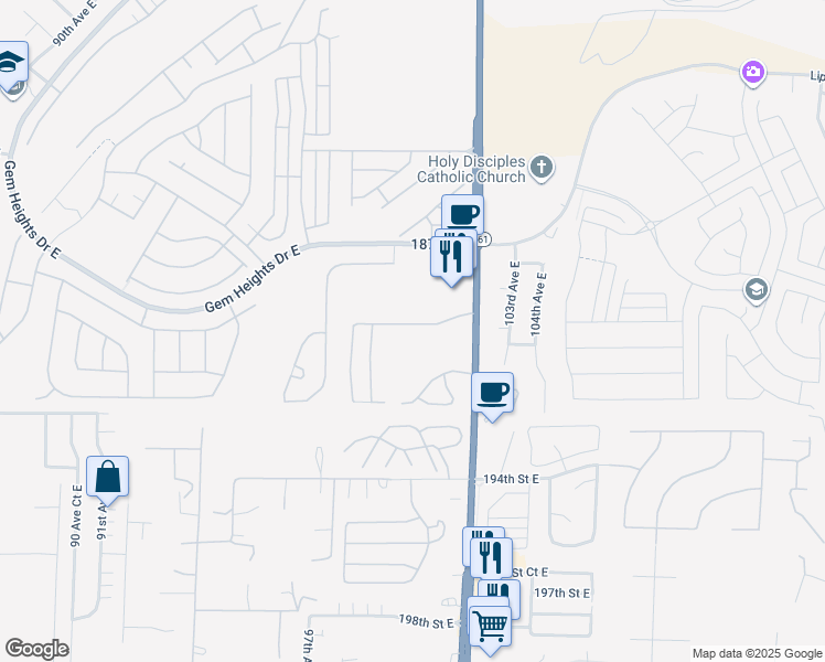 map of restaurants, bars, coffee shops, grocery stores, and more near 19122 98th Avenue Court East in Puyallup