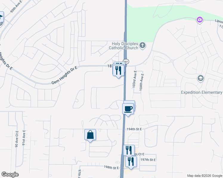 map of restaurants, bars, coffee shops, grocery stores, and more near 9809 189th Street East in Puyallup