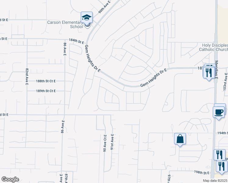 map of restaurants, bars, coffee shops, grocery stores, and more near 9025 189th Street East in Puyallup