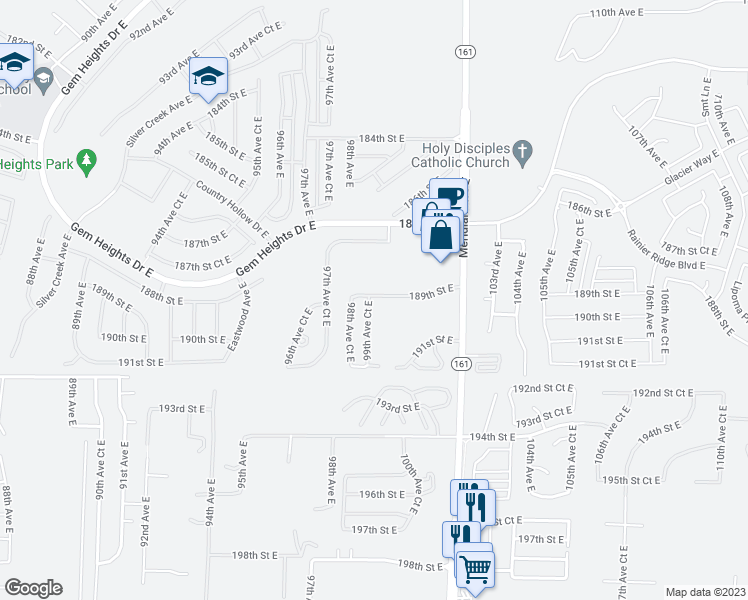 map of restaurants, bars, coffee shops, grocery stores, and more near 18903 99th Avenue Court East in Puyallup