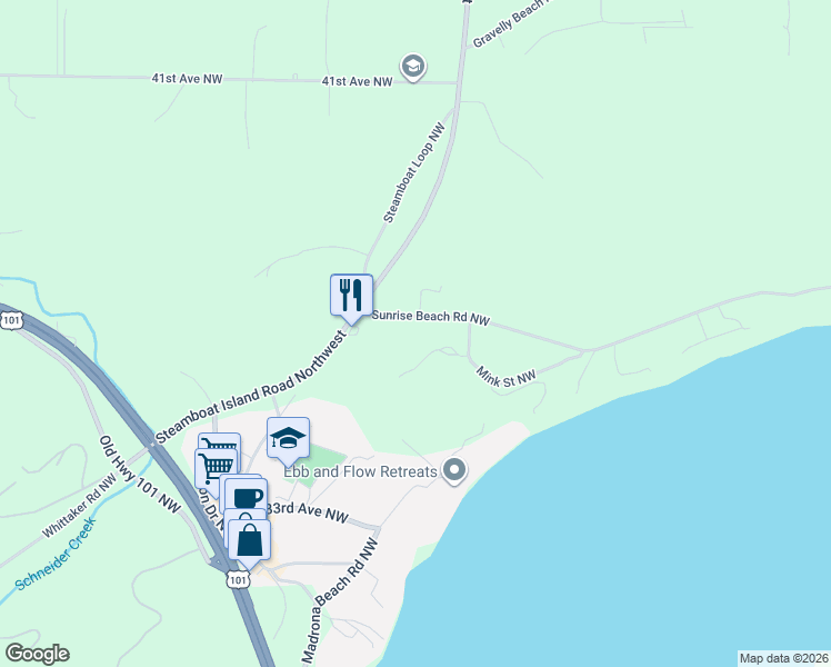 map of restaurants, bars, coffee shops, grocery stores, and more near 6141 Mink Street Northwest in Olympia