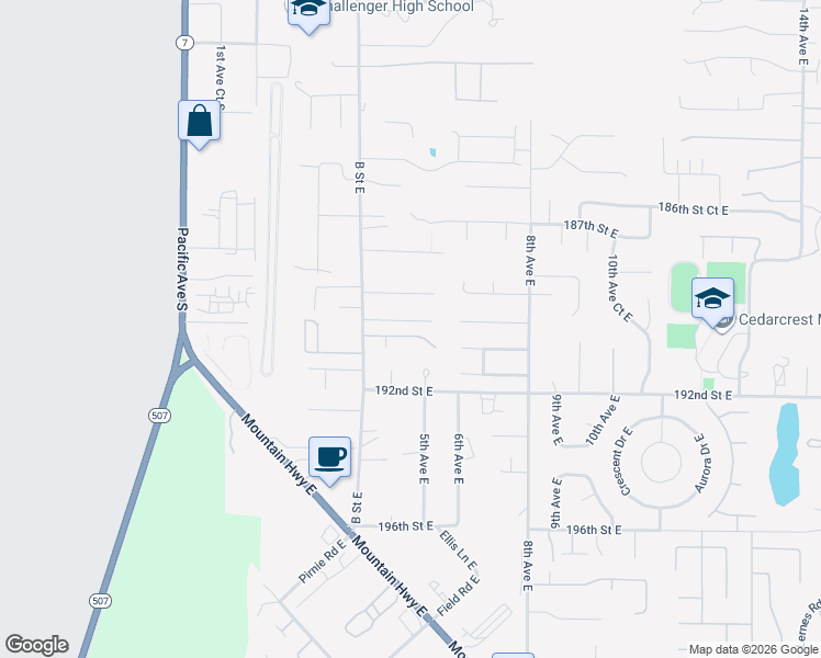 map of restaurants, bars, coffee shops, grocery stores, and more near 416 190th Street East in Spanaway