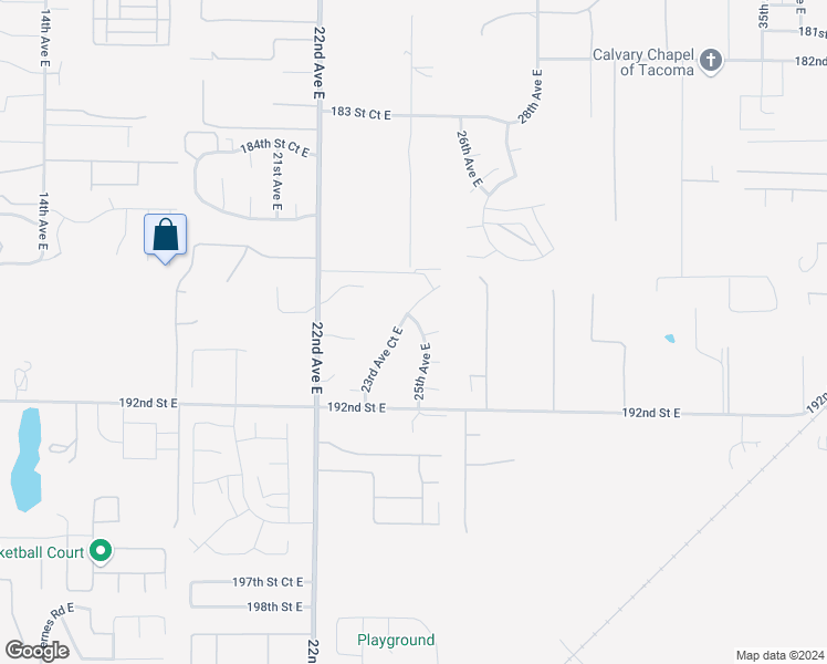 map of restaurants, bars, coffee shops, grocery stores, and more near 2408 189th Street Court East in Tacoma