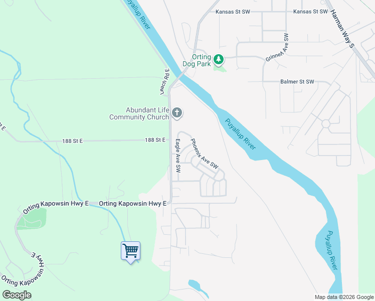 map of restaurants, bars, coffee shops, grocery stores, and more near 203 Cardinal Street Southwest in Orting